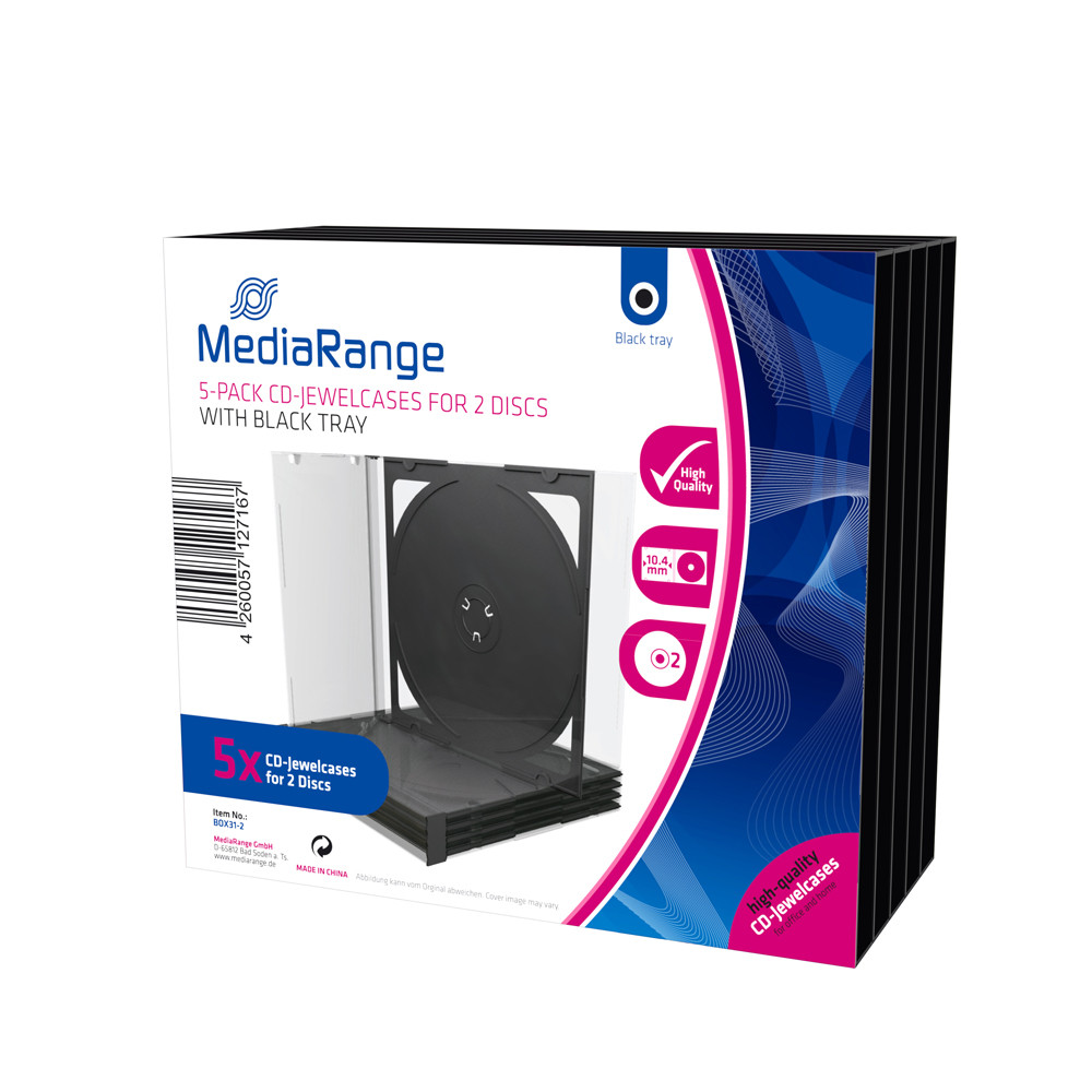 MediaRange CD Jewelcase for 2 discs 10.4mm Black Pack 5 (MRBOX31-2)